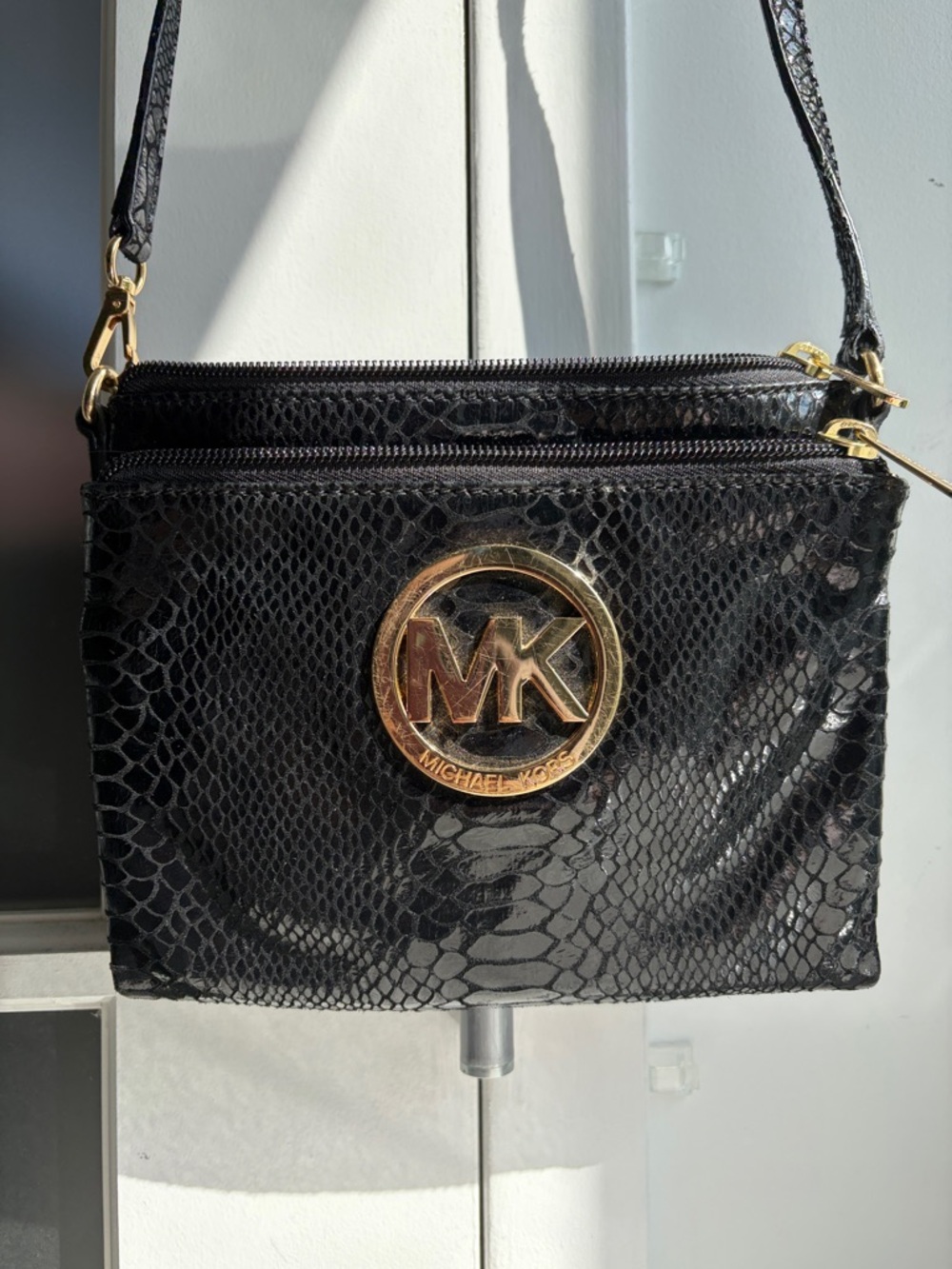 Michael Kors Black Snake-Embossed Crossbody with Gold MK Emblem